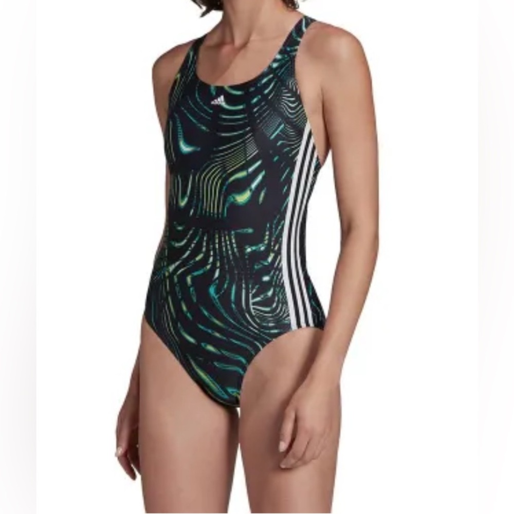Adidas Black and Teal Patterned Swimsuit Souleaf size 10